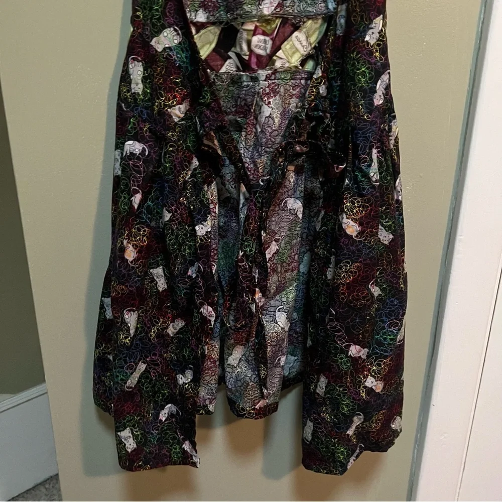 Handmade Apron Black Neon Cat Print Wine Bottle Details Pocket Tie Back